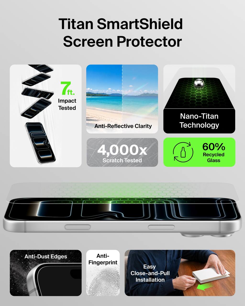 Titan SmartShield Screen Protector

- 7ft. Impact Tested
- Anti-Reflective Clarity
- Nano-Titan Technology
- 4,000x Scratch Tested
- 60% Recycled Glass
- Anti-Dust Edges
- Anti-Fingerprint
- Easy Close-and-Pull Installation