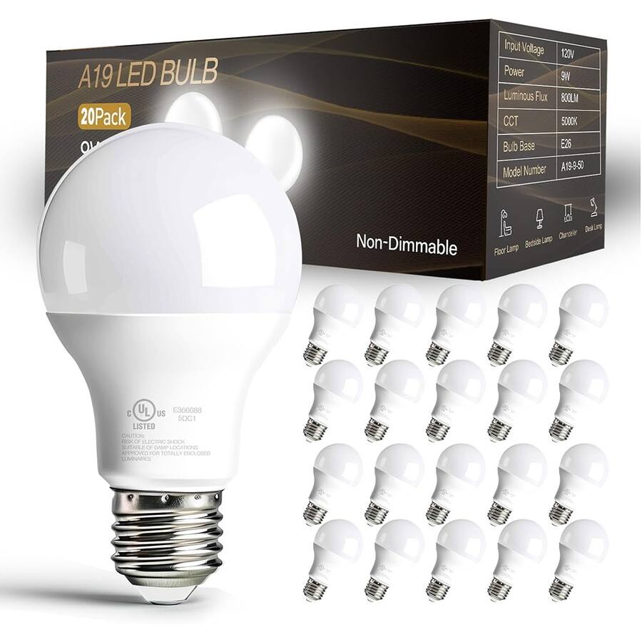 Schertz 20 Pack A19 LED Bulbs, 9W Daylight 5000K, 800LM, E26 Base, Non ...