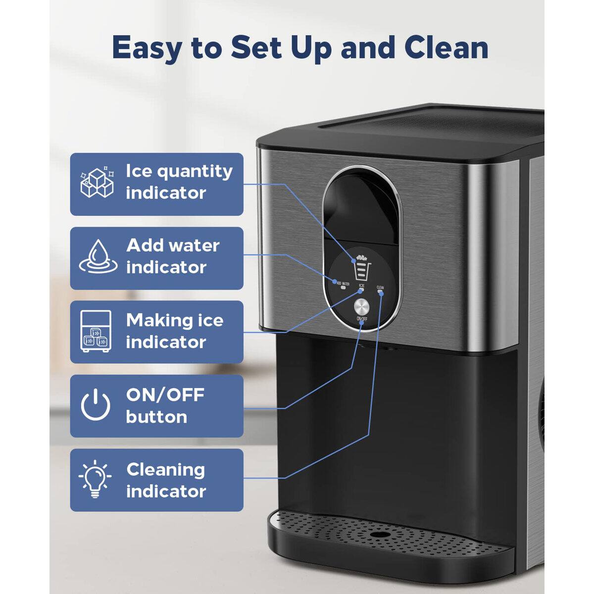 Easy to Set Up and Clean

- Ice quantity indicator
- Add water indicator
- Making ice indicator
- ON/OFF button
- Cleaning indicator