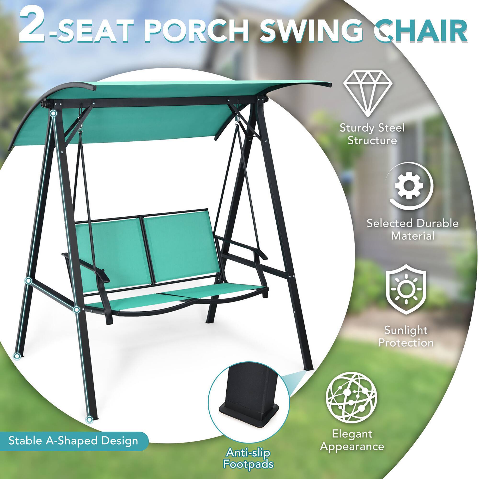 Alt View 5. Gymax - Gymax 2-Person Outdoor Patio Porch Swing Chair w/ Adjustable Canopy Turquoise - Turquoise.