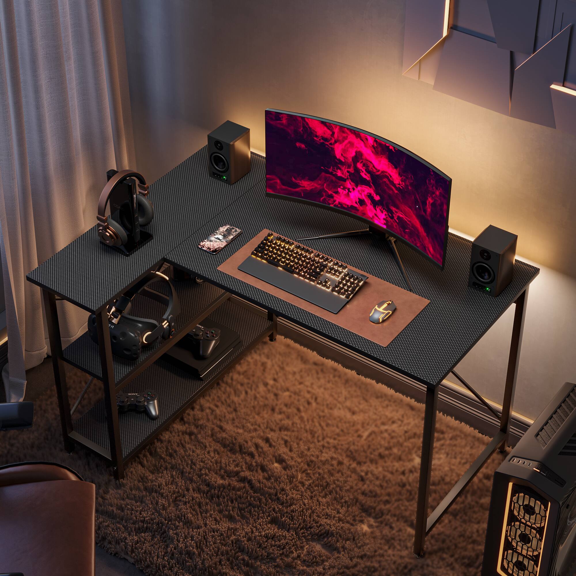 Angle. Bestier - 47inch Small L Shaped Desk with Storage Shelves Corner Gaming Computer Desk - black.