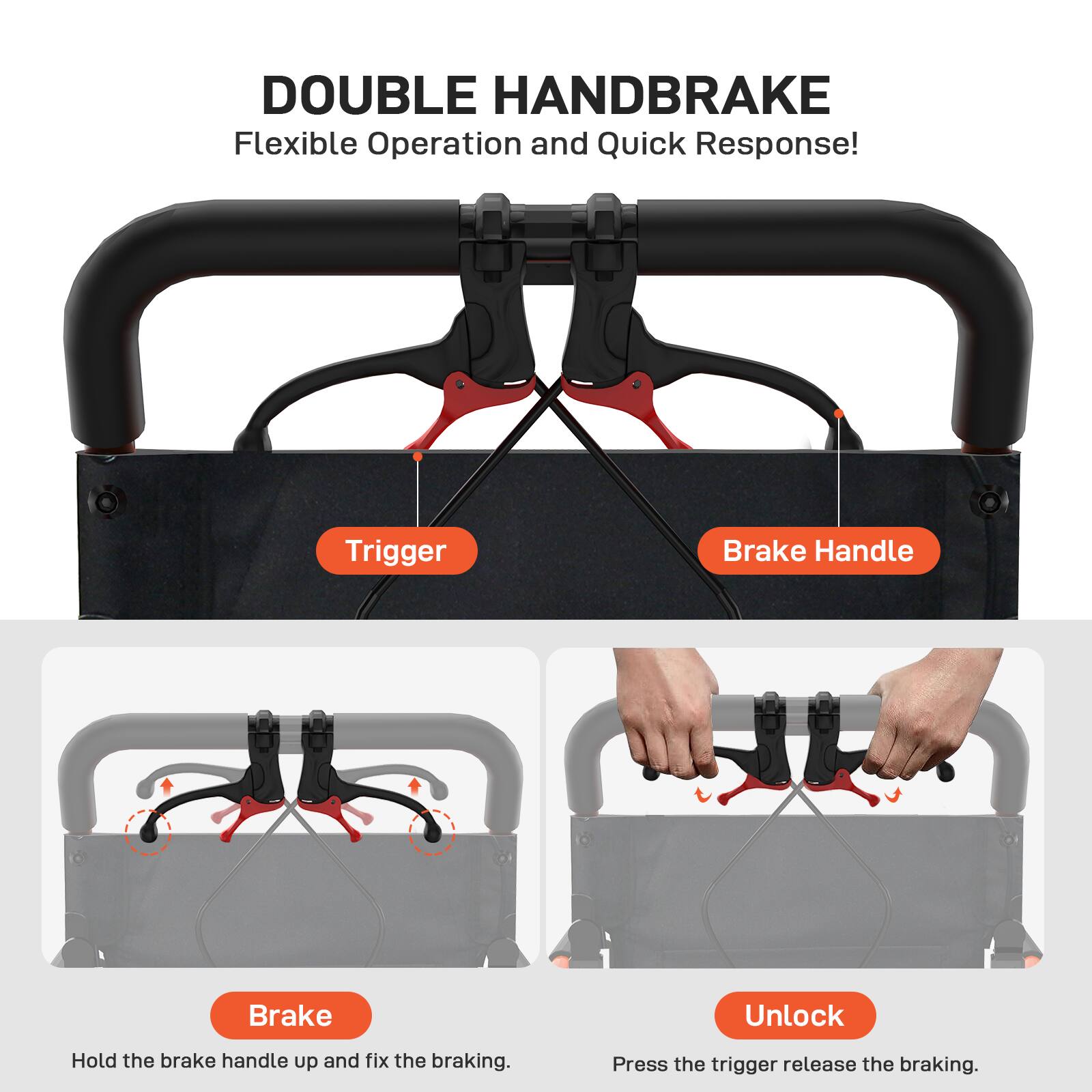 DOUBLE HANDBRAKE  
Flexible Operation and Quick Response!  

- Trigger  
- Brake Handle  

Hold the brake handle up and fix the braking.  
Press the trigger release the braking.