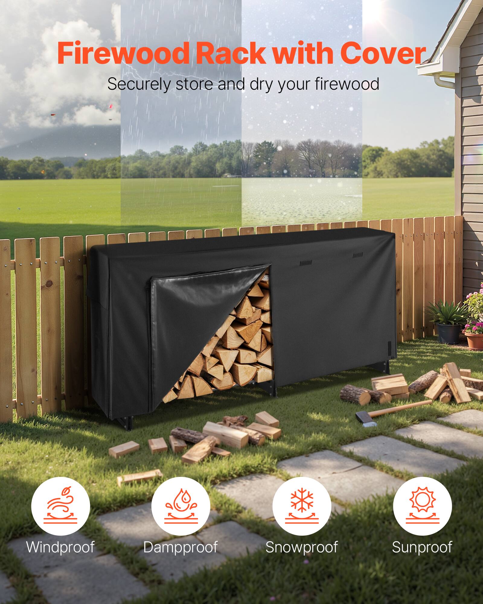 Firewood Rack with Cover  
Securely store and dry your firewood  

Windproof  
Dampproof  
Snowproof  
Sunproof