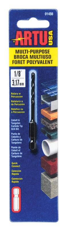 01456 ARTU USA MULTI-PURPOSE BROCA MULTIUSO FORET POLYVALENT 1/8 3,17mm

Rotary or Percussion  
Rotatorio o de Percusión  
Rotative ou à Percussion

Cobalt & Tungsten Carbide Tip Drill Bit  
Punta de Cobalto y Carburo de Tungsteno  
Pointe de Cobalt et Carbure de Tungstène

Quick Connect  
Conexión Rápida  
Connexion Rapide