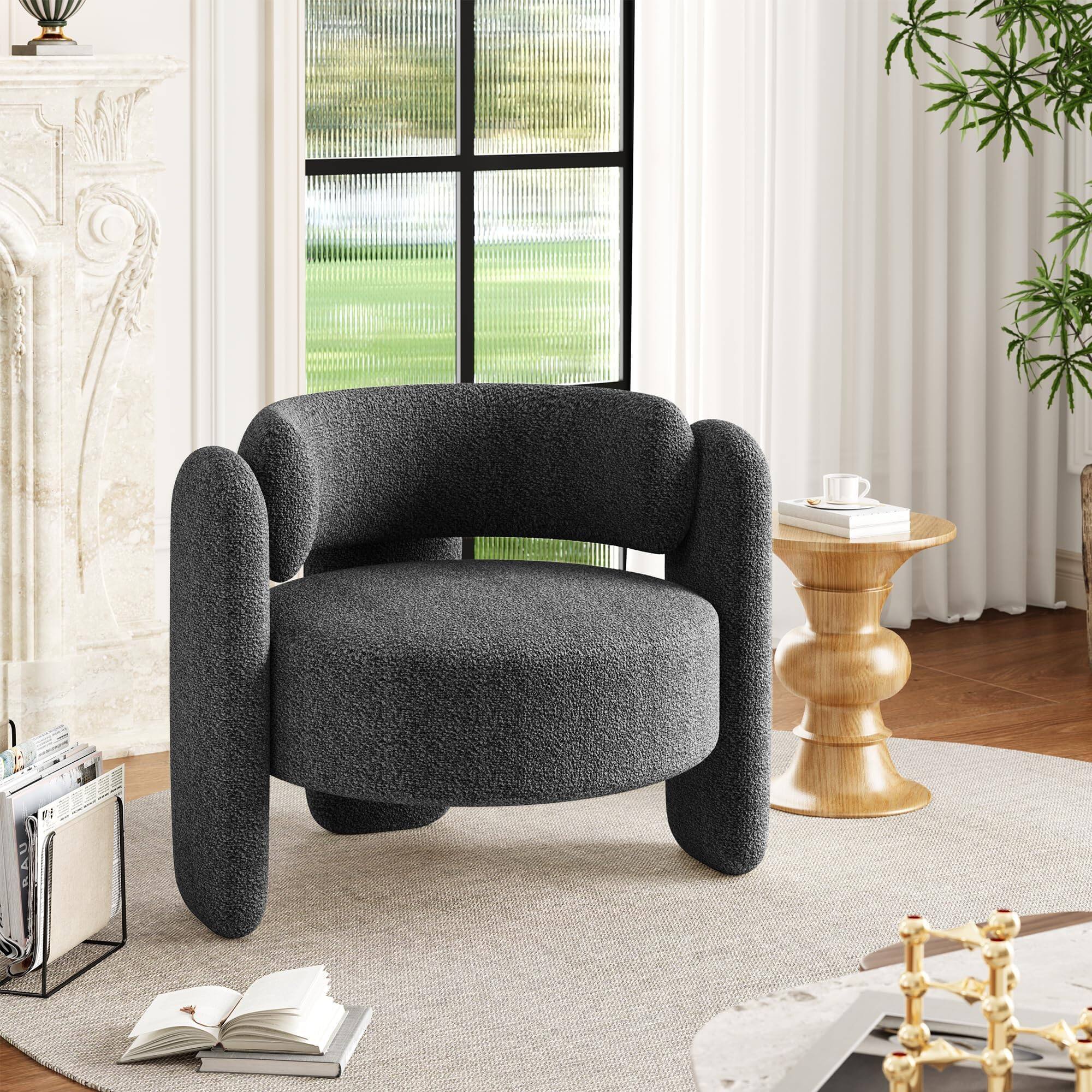 Front. Jojoka - Modern Barrel Accent Chair, Mid-Century Upholstered Chenille Armchair, Round Corners - Gray.