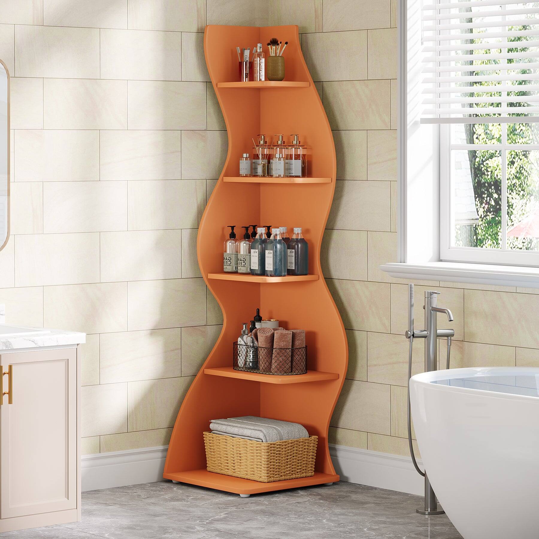 Angle. Tribesigns - Corner Bookshelf with Space-Saving Design and Book and Decor Display for Living Room and Home Office - Orange.
