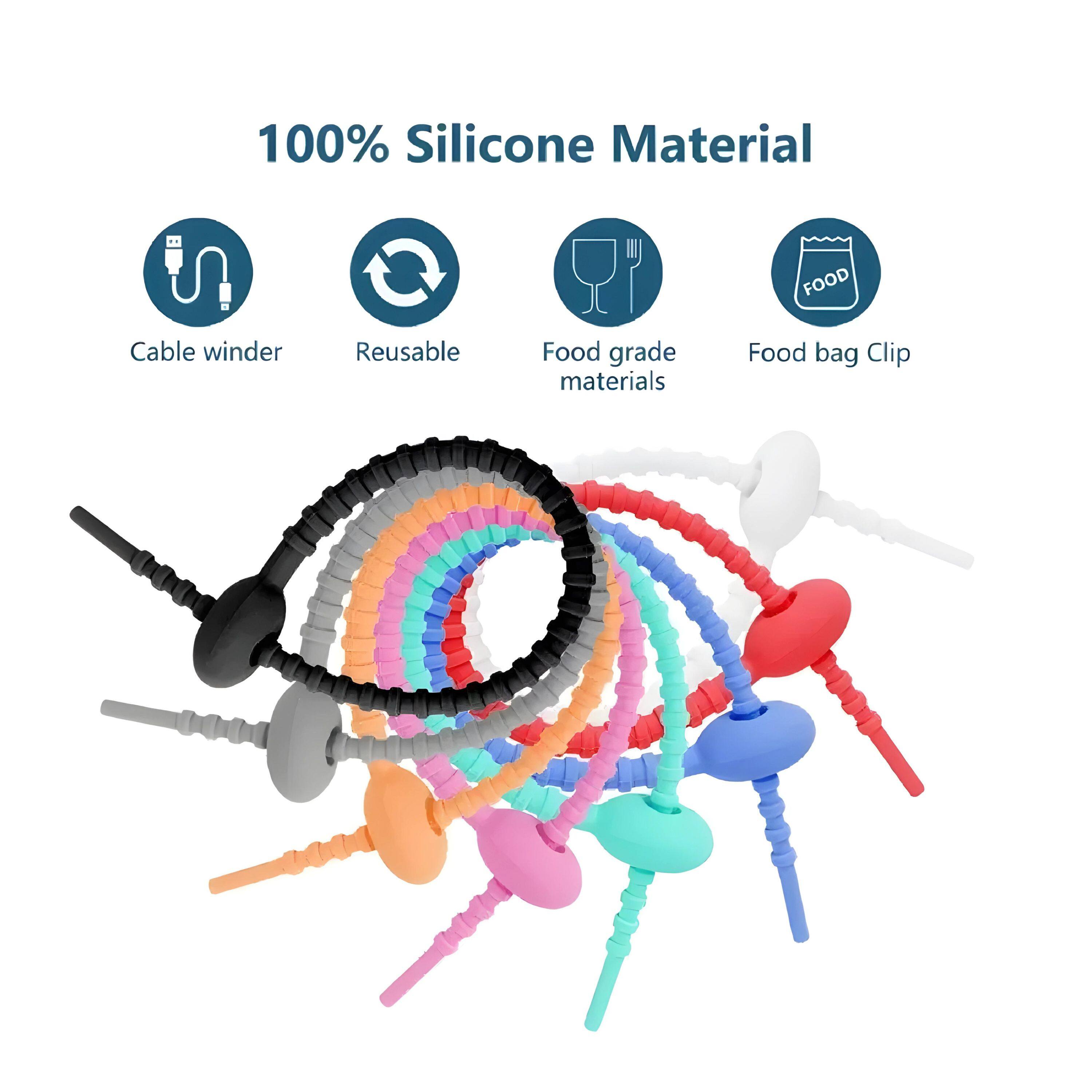 100% Silicone Material

Cable winder
Reusable
Food grade materials
Food bag Clip