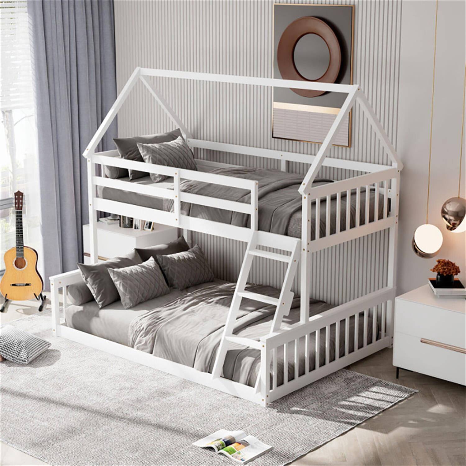 Alt View 1. Pefilos - Twin Over Full Bunk Bed with Ladder and Guardrails, House Twin Bunk Beds, Bed Frame - White.