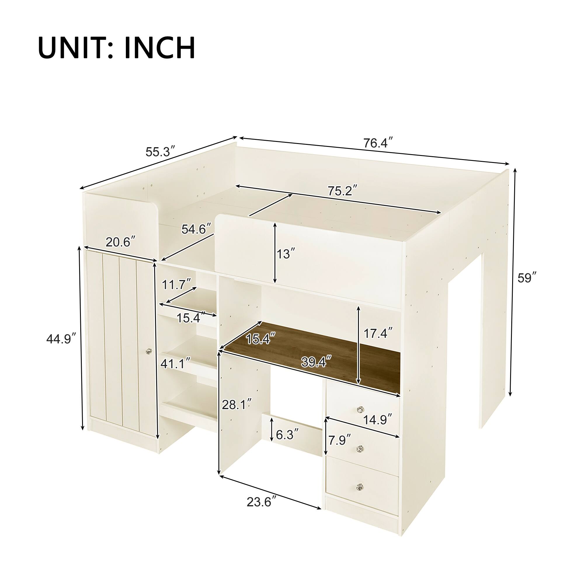 UNIT: INCH

- 55.3"
- 76.4"
- 75.2"
- 20.6"
- 54.6"
- 11.7"
- 13"
- 59"
- 44.9"
- 15.4"
- 41.1"
- 15.4"
- 39.4"
- 17.4"
- 28.1"
- 16.3"
- 14.9"
- 7.9"
- 23.6"