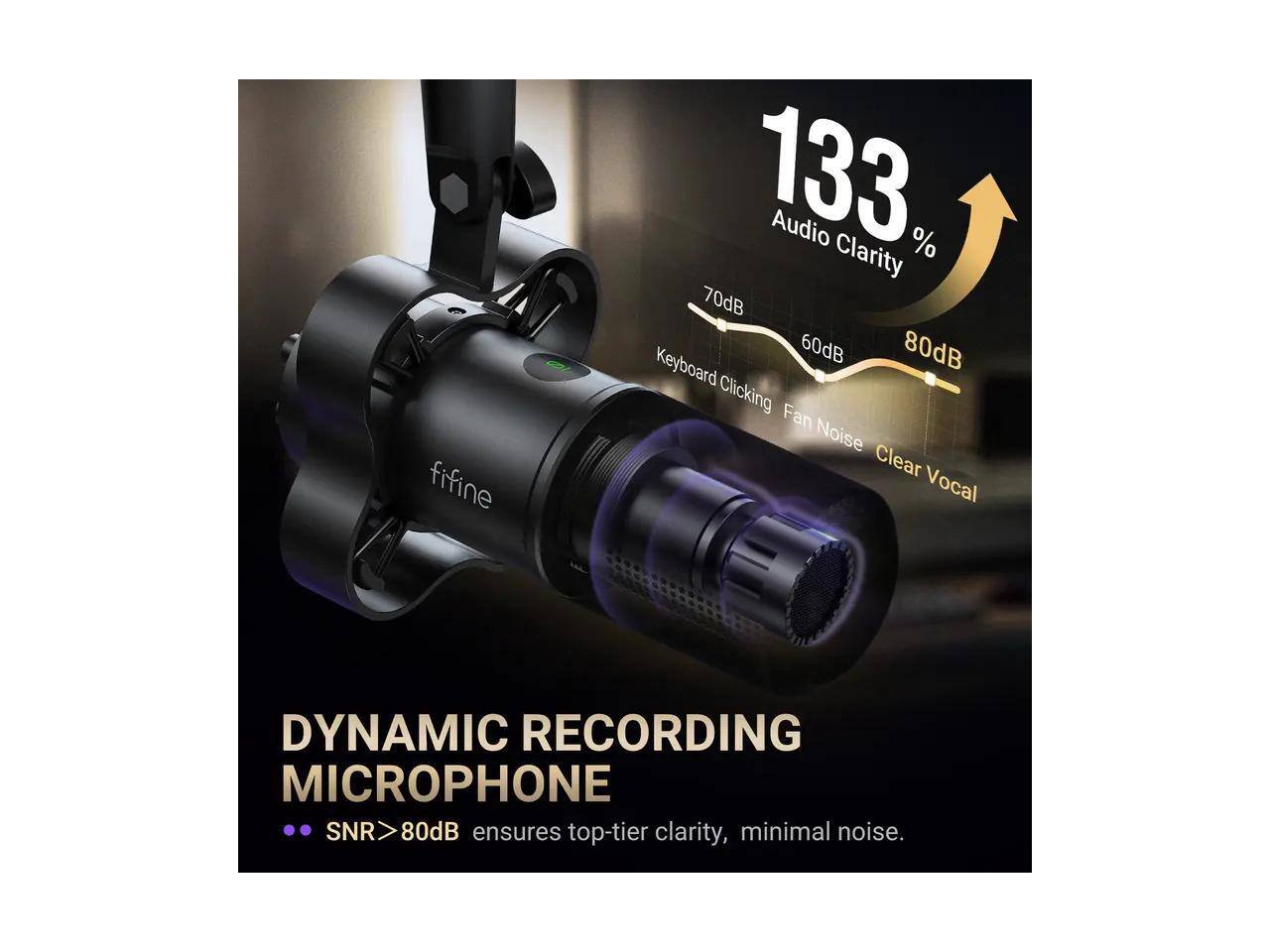 fifine 133% Audio Clarity % 70dB 60dB 80dB Keyboard Clicking Fan Noise Clear Vocal DYNAMIC RECORDING MICROPHONE .. SNR>80dB ensures top-tier clarity, minimal noise.