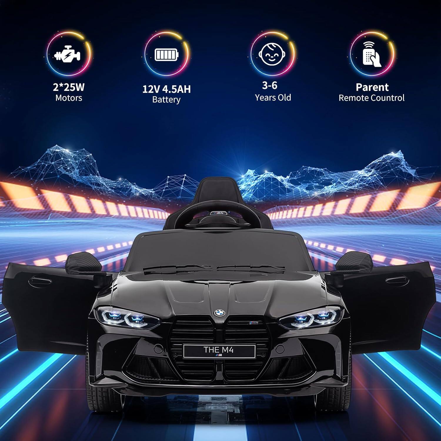 2*25W Motors  
12V 4.5AH Battery  
3-6 Years Old  
Parent Remote Control  
THE M4