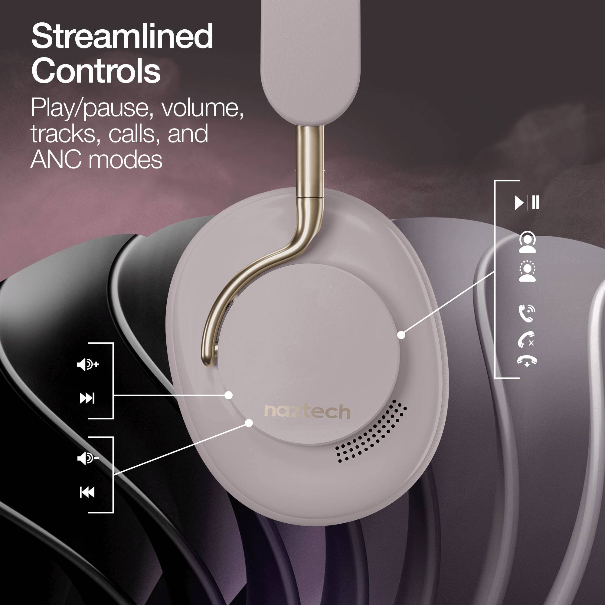 Streamlined Controls  
Play/pause, volume, tracks, calls, and ANC modes  

naztech