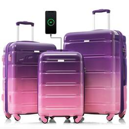 Ecooso - 20/24/28-Inch 3-Piece Lightweight Hardshell Luggage Set with USB Port, Spinner Wheels, and Side Hooks - Purple
