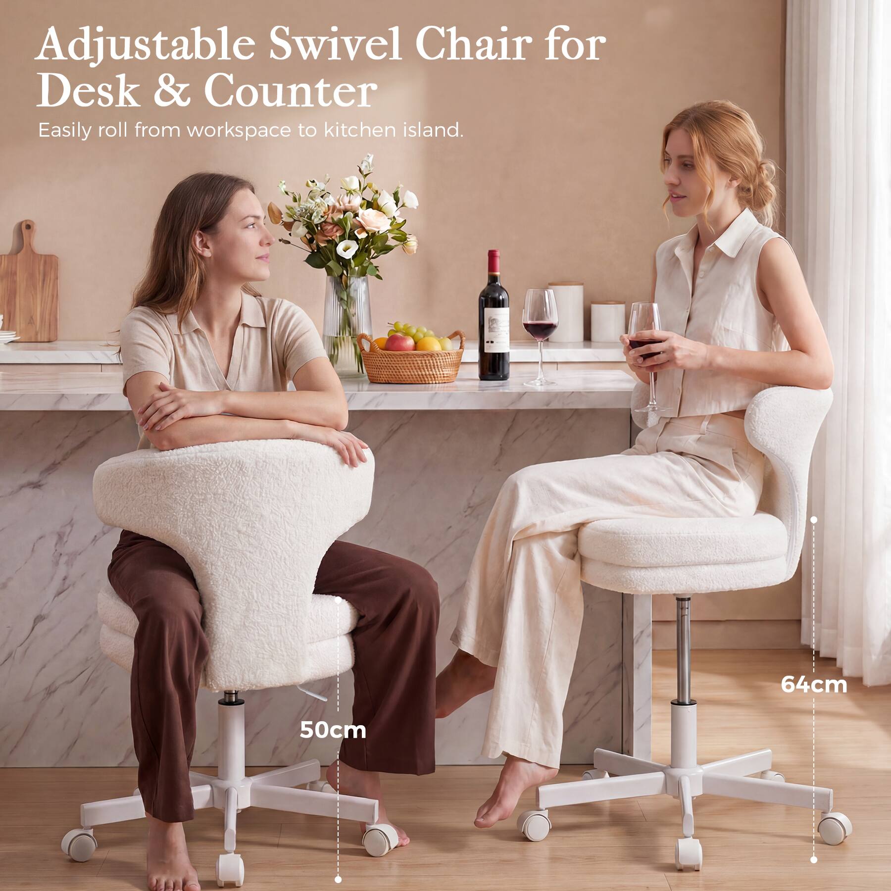 Adjustable Swivel Chair for Desk & Counter  
Easily roll from workspace to kitchen island.  
64cm  
50cm