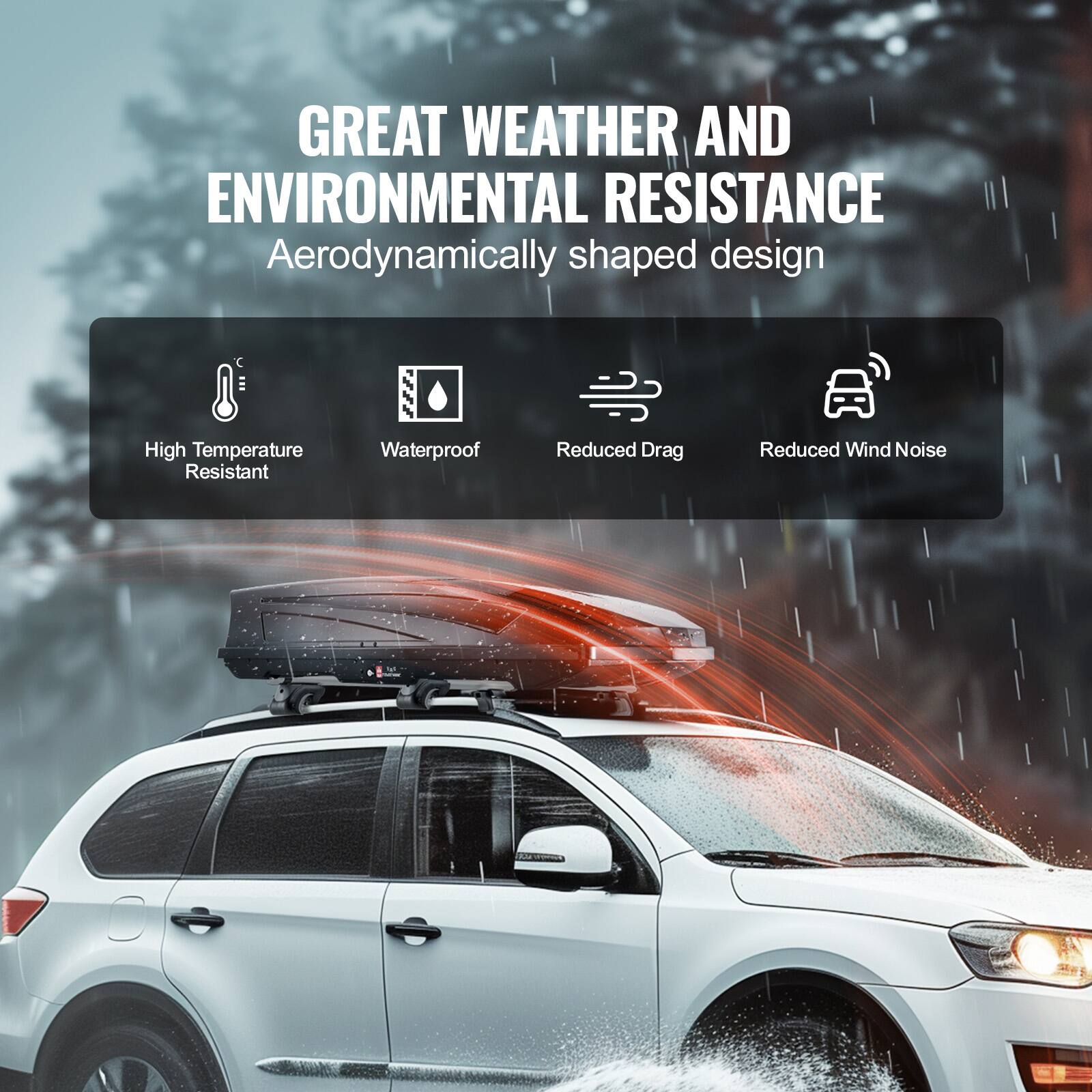 GREAT WEATHER AND ENVIRONMENTAL RESISTANCE  
Aerodynamically shaped design  

- High Temperature Resistant  
- Waterproof  
- Reduced Drag  
- Reduced Wind Noise