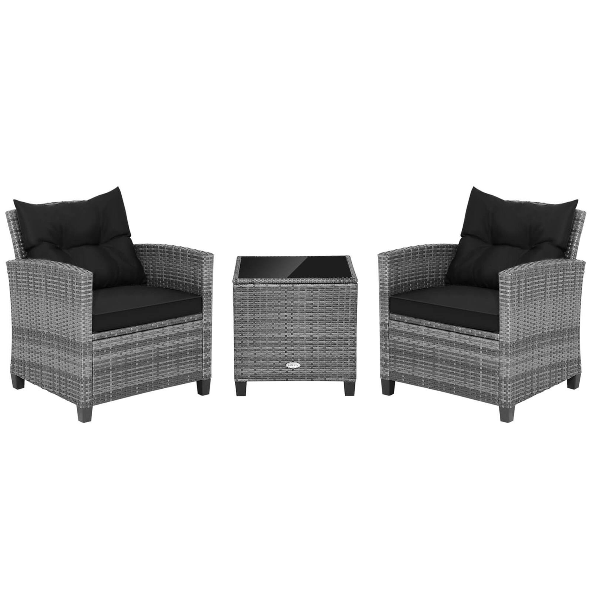 Alt View 3. Gymax - Gymax Set of 3 Rattan Furniture Bistro Set Cushioned Sofas Side Table Armrest Black - Mix Grey, Black.