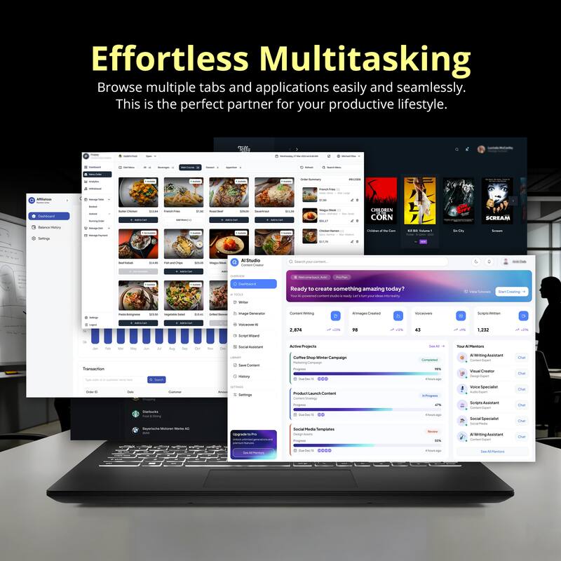 Effortless Multitasking  
Browse multiple tabs and applications easily and seamlessly. This is the perfect partner for your productive lifestyle.  

Ready to create something amazing today?  

Content Creator  
- 2,874  
- 98  
- 43  
- 1,232  

Active Projects  
- Coffee Shop Website Campaign  
- Product Launch Content  
- Social Media Templates  

AI Mentors  
- AI Writing Assistant  
- Visual Creator  
- Voice Specialist  
- Script Assistant  
- Social Specialist  
- AI Writing Assistant  

Transaction  
- Starbucks  
- Bicycle Movers Work AG  

Upgrade to Pro  
- Save All Projects  
- Get All Features