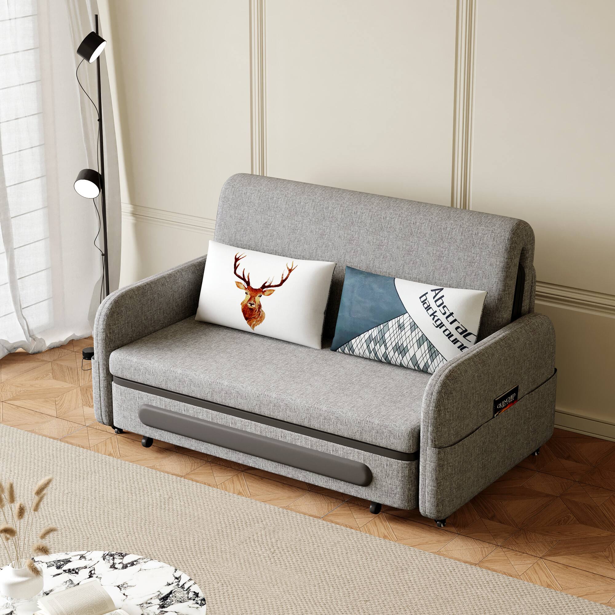 Back. luck idea - Sofa Bed With Storage Base And Side Pockets, Detachable Washable Seat Cushions - Gray.