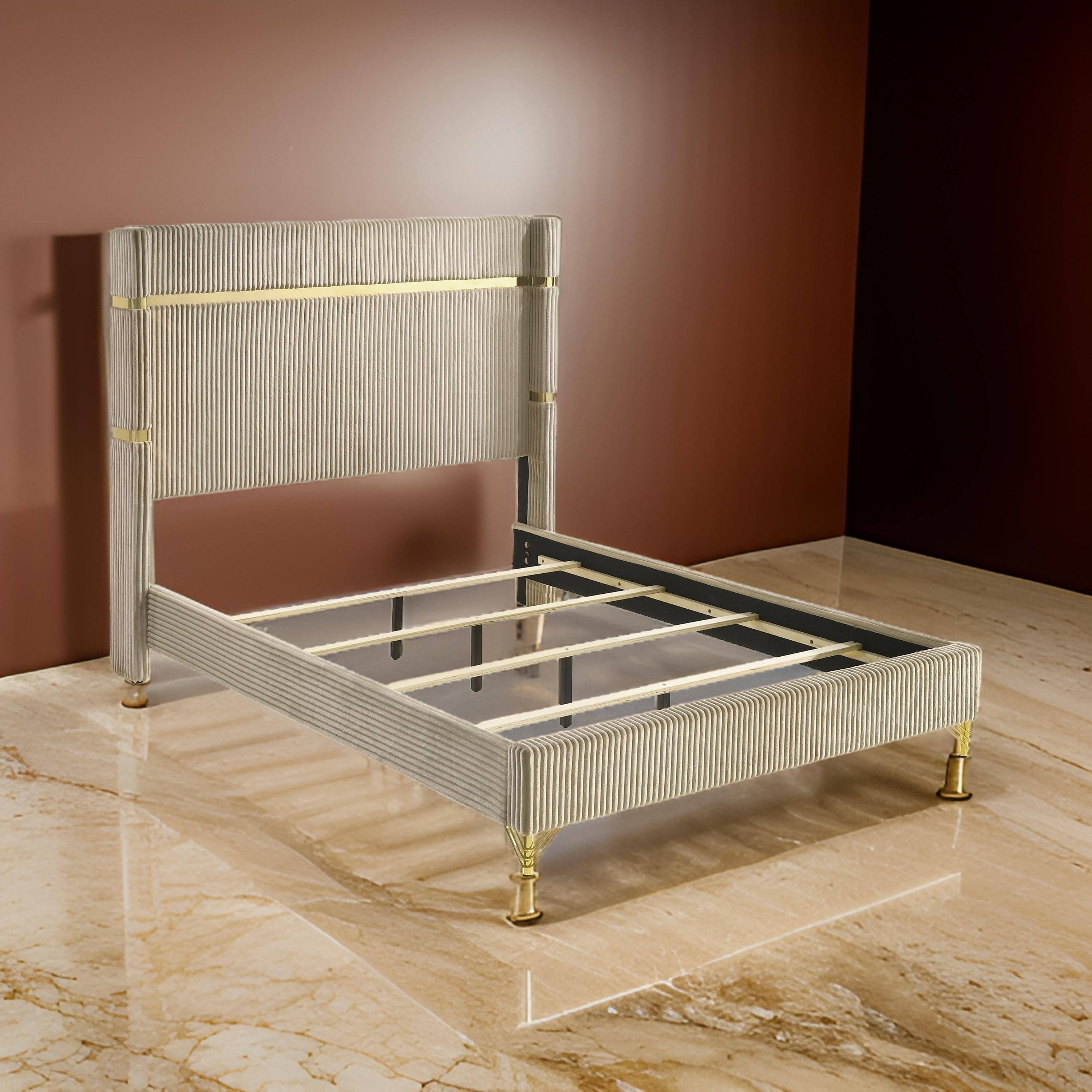 Alt View 5. Manhattan Lane - Jenny Queen Size Bed, Fluted Wingback Headboard, Beige Upholstery Gold Trim - Beige, Gold.