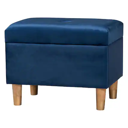 Front. Baxton Studio - Elias Modern Velvet Fabric Storage Ottoman - Navy Blue/Oak Brown.