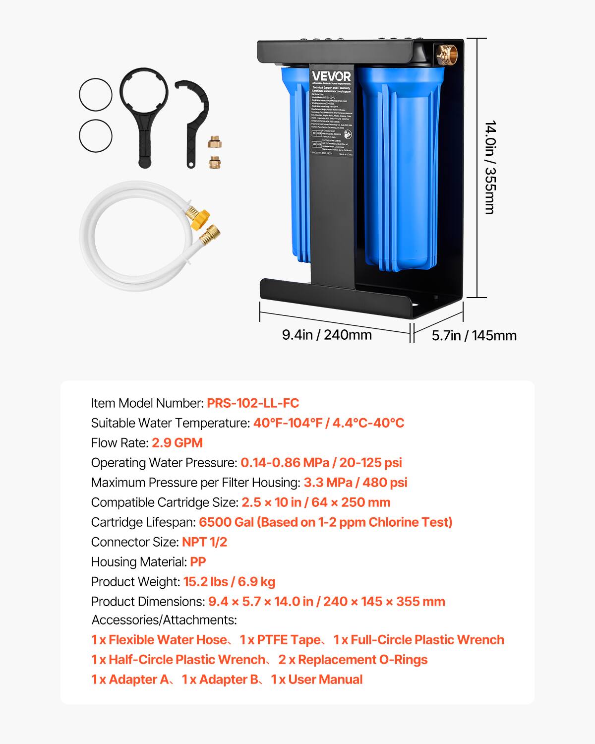VEVOR RV Water Filtration System, 2 Cartridge Water Filter System for ...