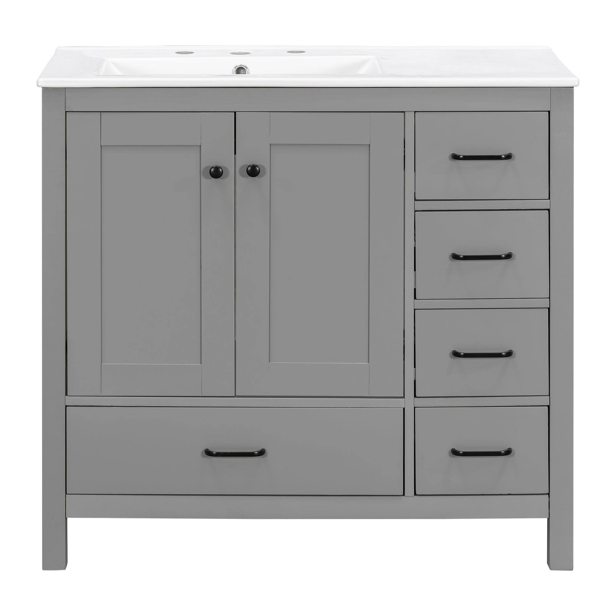 Alt View 10. Boyel Living - 36 Inch Gray Bathroom Vanity with Ceramic Sink 2 Soft Close Doors 5 Drawers Solid Wood and MDF Black Handles - Blue.