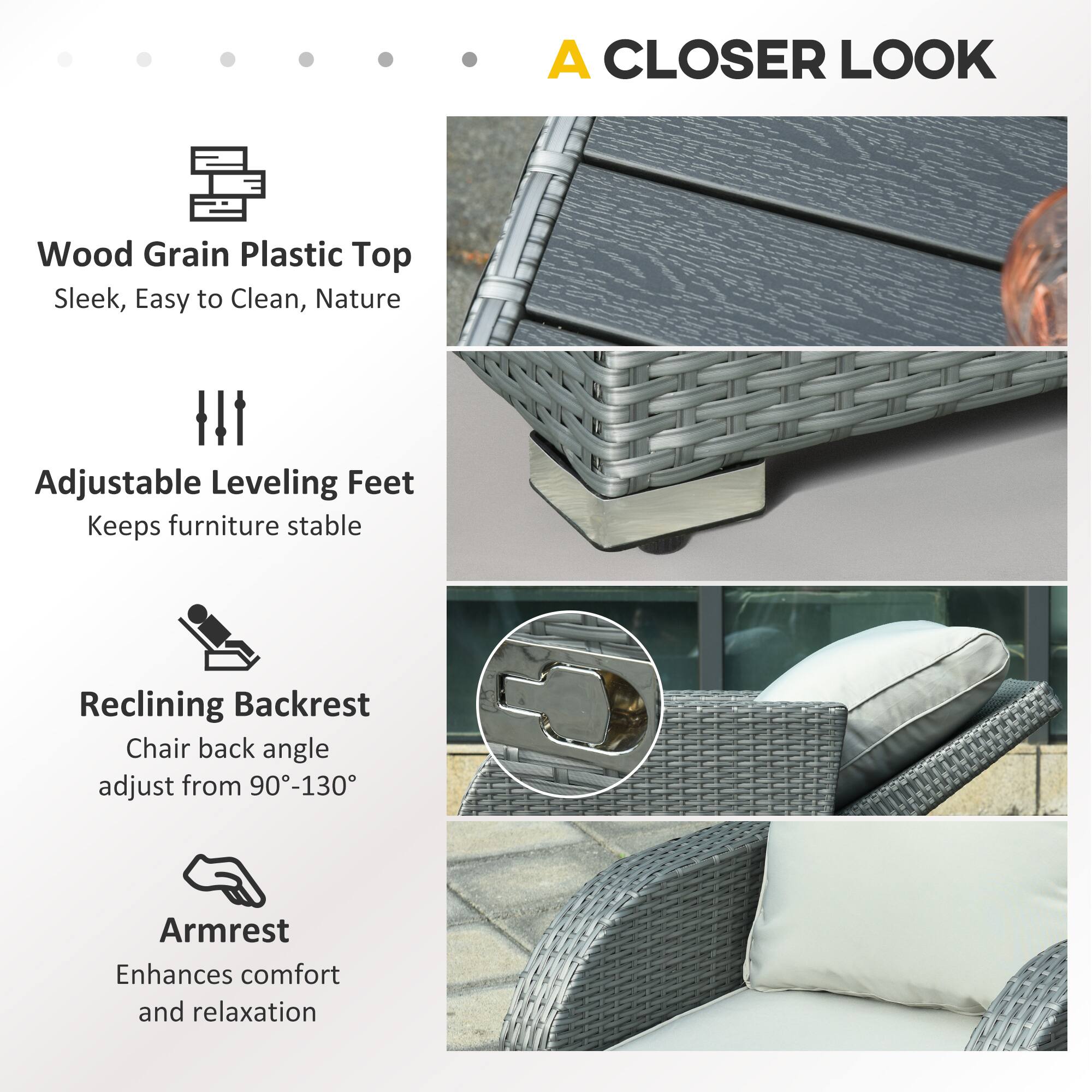 A CLOSER LOOK

- Wood Grain Plastic Top
  - Sleek, Easy to Clean, Nature

- Adjustable Leveling Feet
  - Keeps furniture stable

- Reclining Backrest
  - Chair back angle adjust from 90°-130°

- Armrest
  - Enhances comfort and relaxation