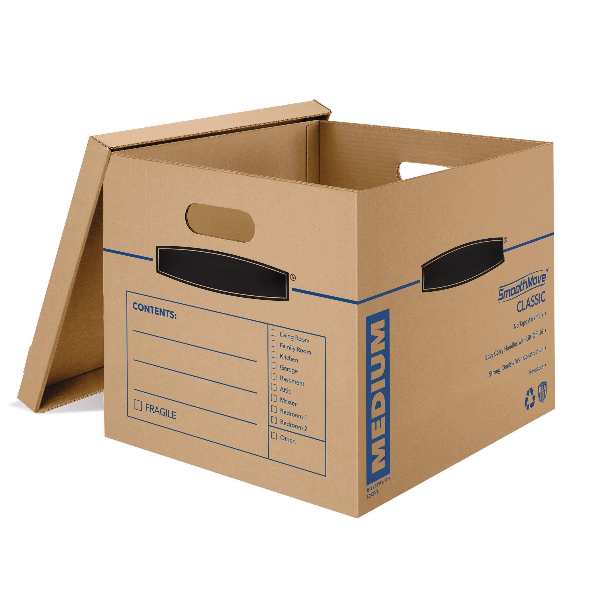 CONTENTS:  
- Living Room  
- Family Room  
- Kitchen  
- Garage  
- Basement  
- Attic  
- Master Bedroom  
- Bedroom 1  
- Bedroom 2  
- Other:  

FRAGILE  

MEDIUM  

SmoothMove CLASSIC  
No Tape Assembly  
Easy Carry Handles with ULF-OF-Lid  
Strong, Double Wall Construction  
Reusable  

12 1/2" x 15 1/2" x 12 1/2"  
1.5 cu. ft.