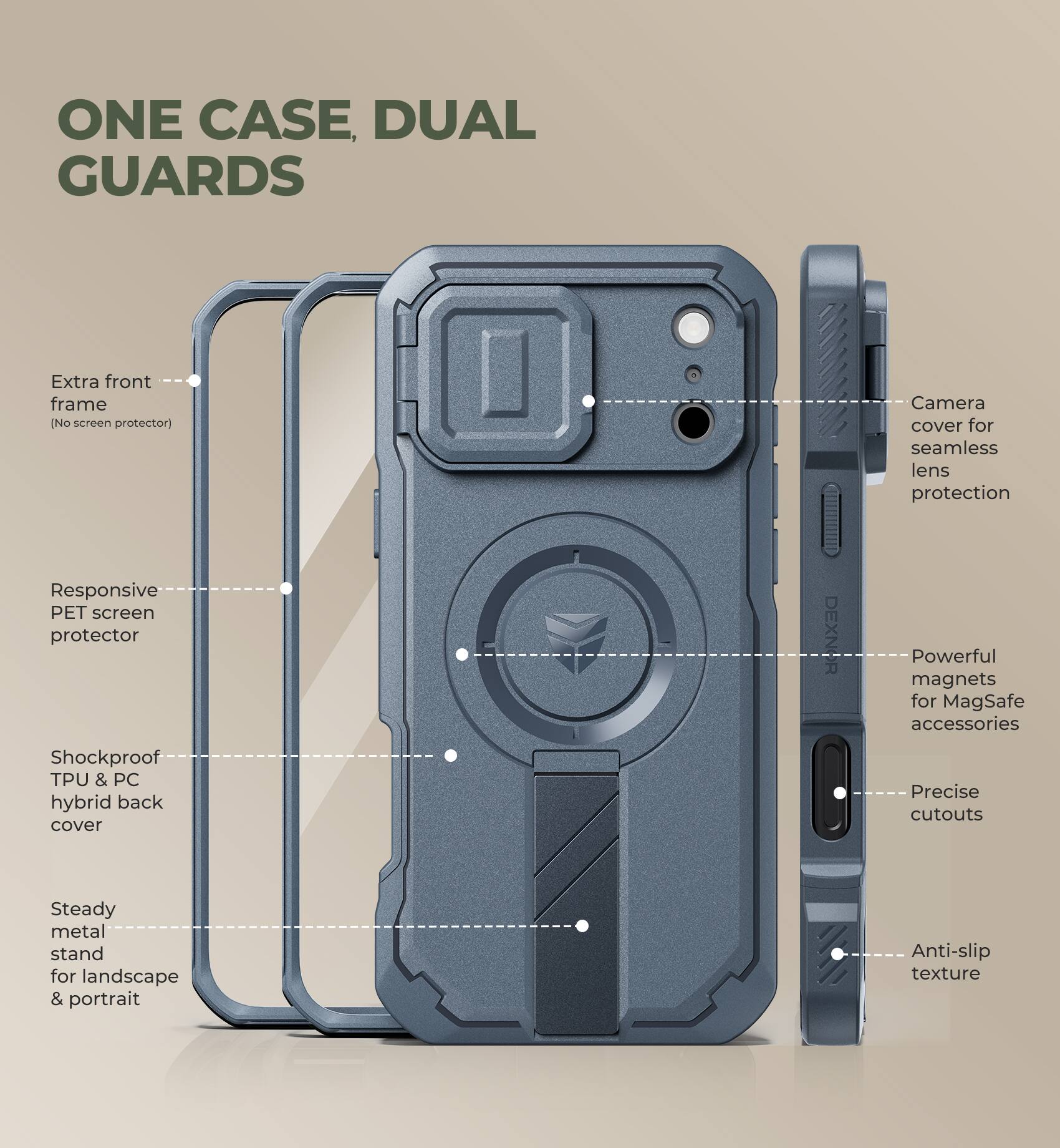 ONE CASE, DUAL GUARDS

Extra front frame (No screen protector)  
Responsive PET screen protector  
Shockproof TPU & PC hybrid back cover  
Camera cover for seamless lens protection  
Powerful magnets for MagSafe accessories  
Precise cutouts  
Steady metal stand for landscape & portrait  
Anti-slip texture