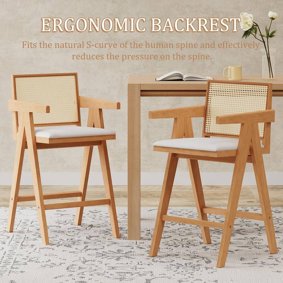 HTUTWOO Bar Stools Set of 2, Wood Rattan Counter Height Chairs with PE ...