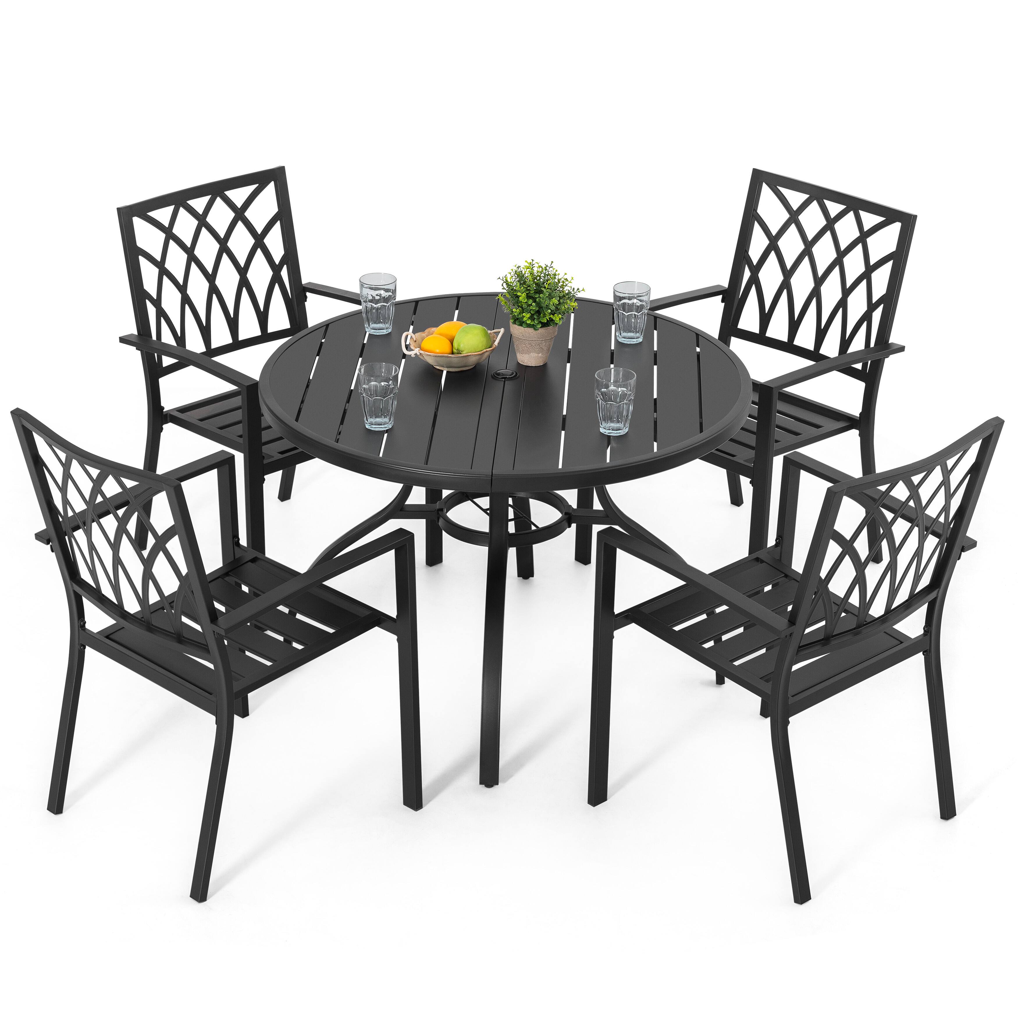 Nuu Garden - Outdoor 5PCS Patio Metal Dining Set with Umbrella Hole, All-Weather Design - Black