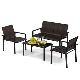 Costway - 4 PCS Outdoor Wicker Patio Furniture Set with Heavy-Duty Galvanized Metal Frame - Mix Brown