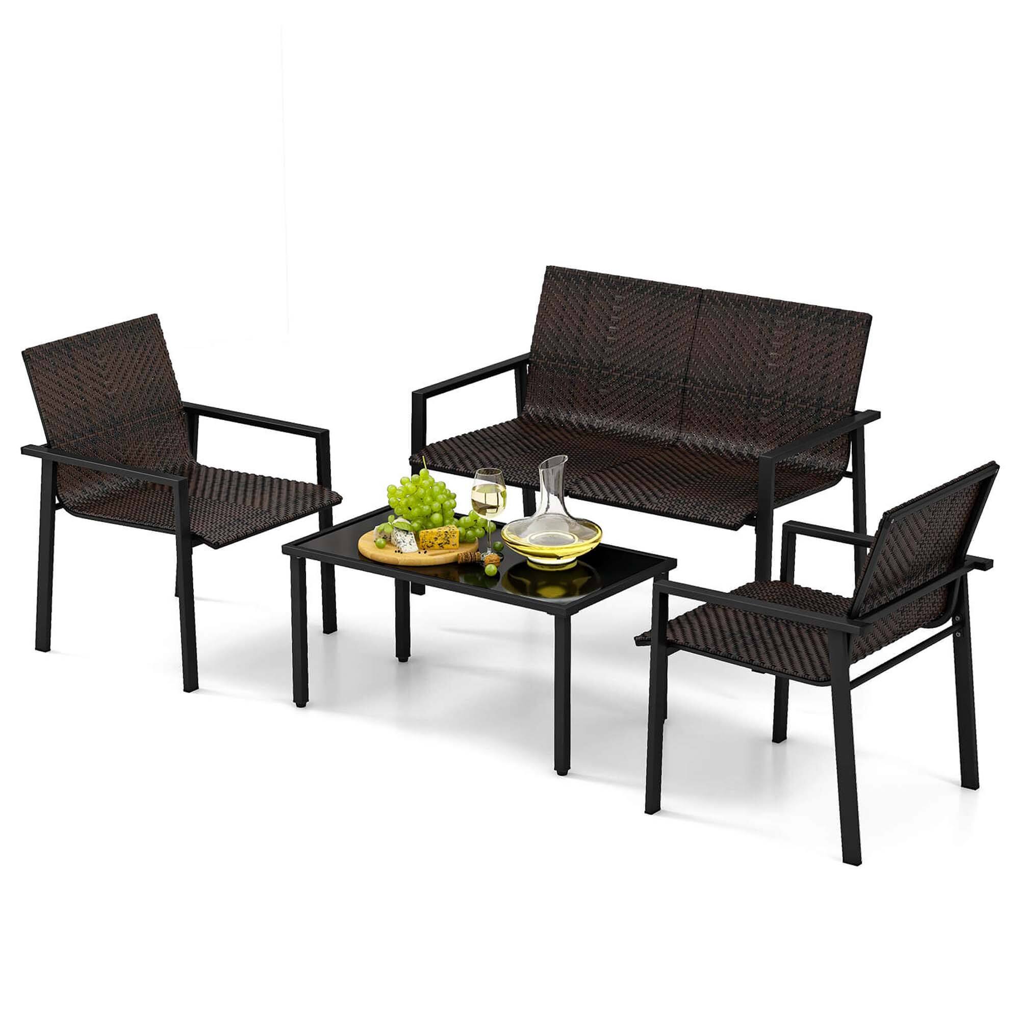 Front. Costway - 4 PCS Outdoor Wicker Patio Furniture Set with Heavy-Duty Galvanized Metal Frame - Mix Brown.