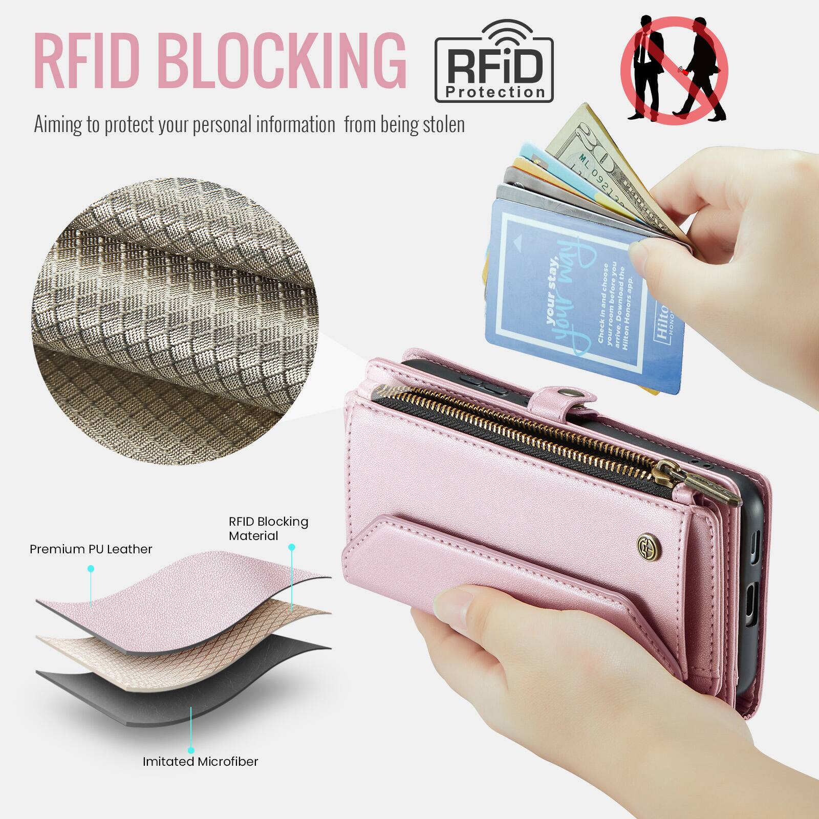 RFID BLOCKING  
Aiming to protect your personal information from being stolen  

RFiD Protection  

Premium PU Leather  
RFID Blocking Material  
Imitated Microfiber