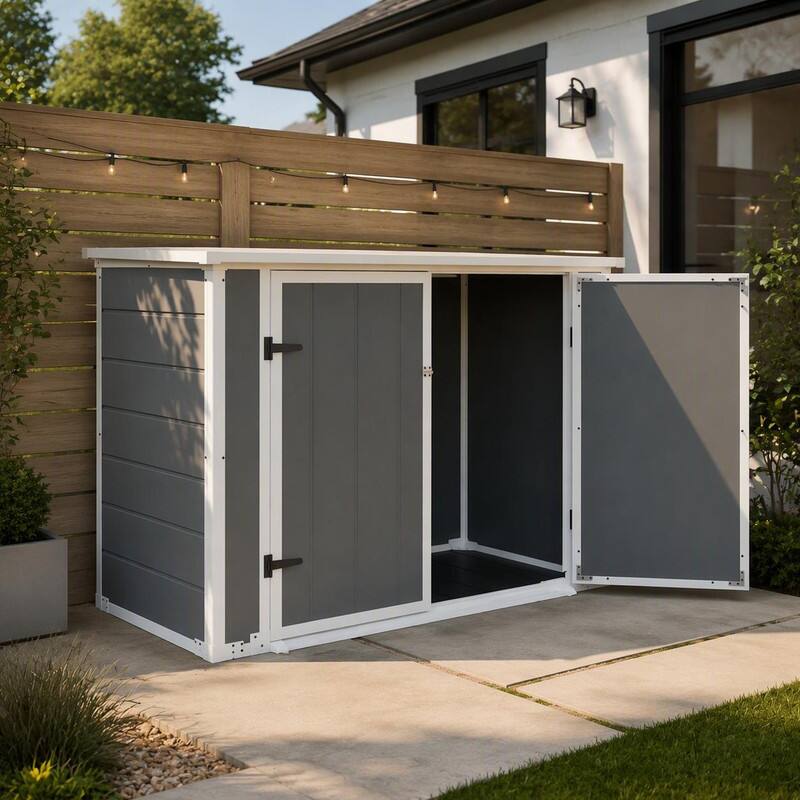 Left. RYHNUYNE - Storage Cabinet Roll-In Ramp Hydraulic Lid Lockable Trash Bins Tools Firewood - Gray.