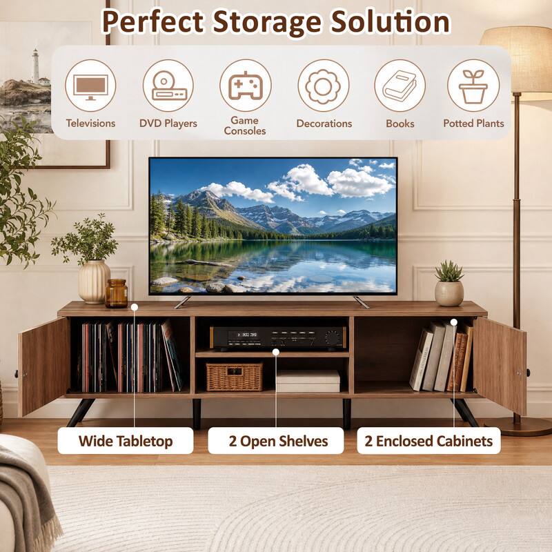 Perfect Storage Solution

- Televisions
- DVD Players
- Game Consoles
- Decorations
- Books
- Potted Plants

Wide Tabletop
2 Open Shelves
2 Enclosed Cabinets