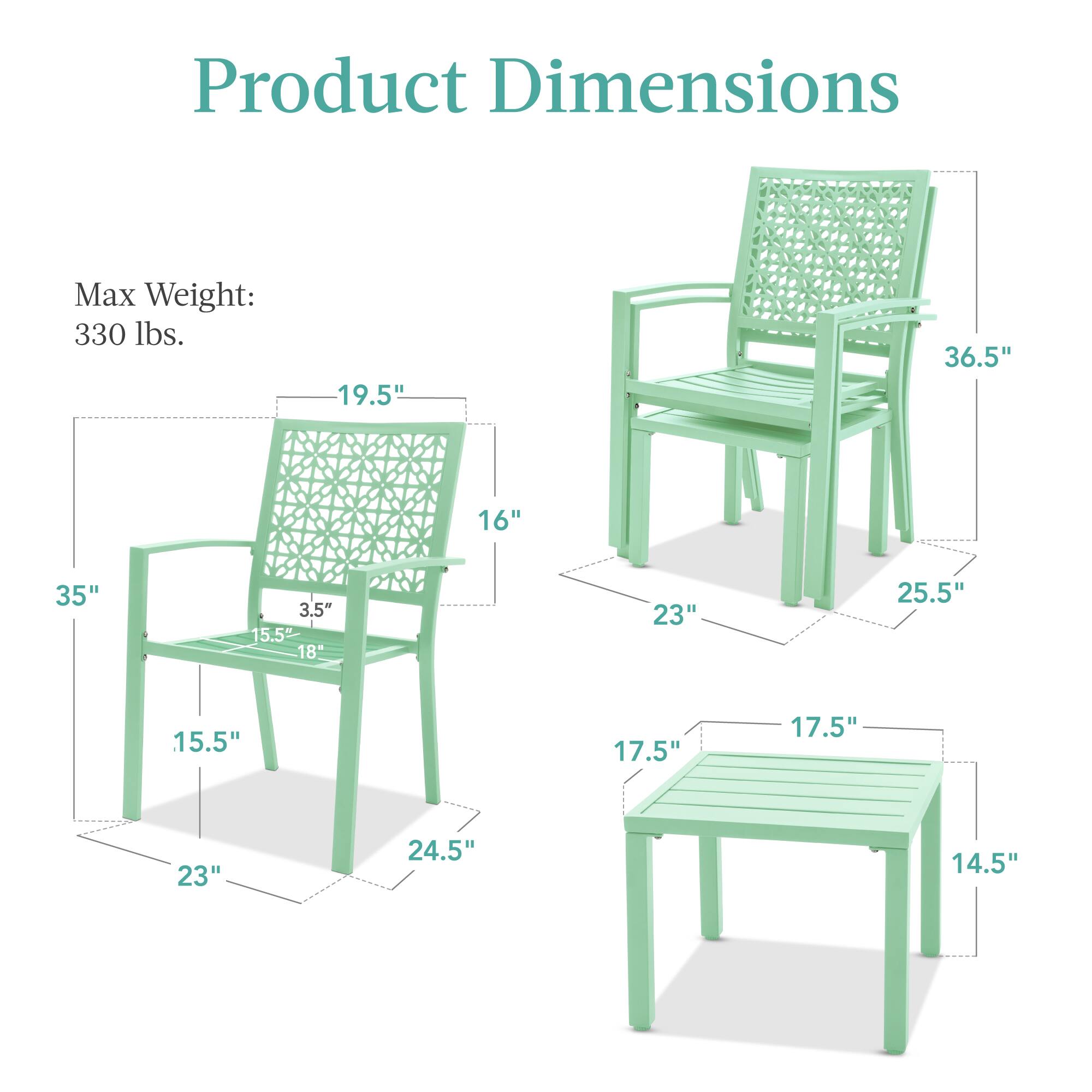 Product Dimensions

Max Weight: 330 lbs.

- Chair:
  - Height: 36.5"
  - Width: 19.5"
  - Depth: 25.5"
  - Seat Height: 18"
  - Seat Depth: 15.5"
  - Armrest Height: 16"
  - Leg Width: 23"
  - Leg Depth: 24.5"

- Table:
  - Height: 14.5"
  - Width: 17.5"
  - Depth: 17.5"