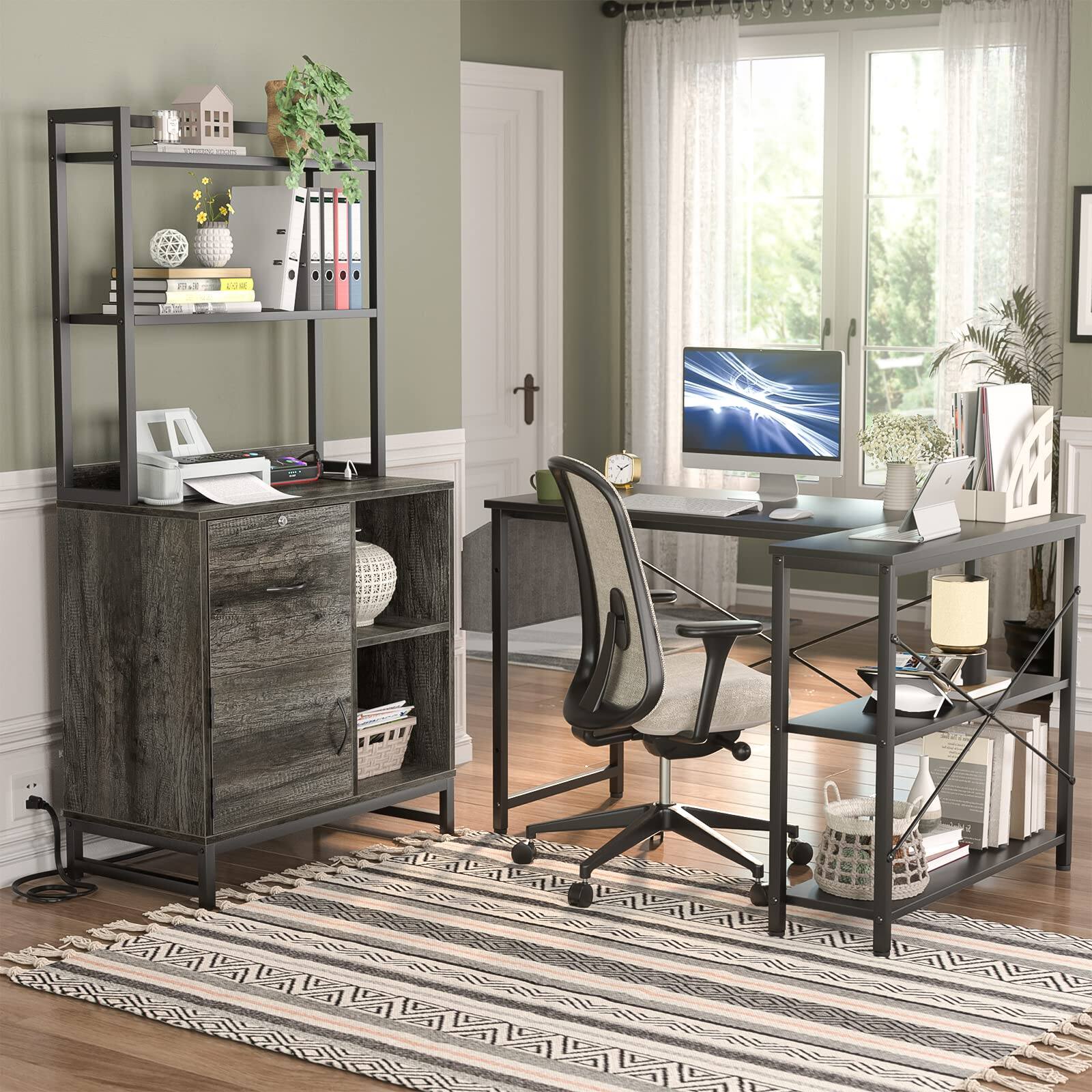 Alt View 4. Aheaplus - Vertical Filing Cabinet / Lock, Charging Station, Large Drawer, Bookshelf & Printer Stand for Home Office (Letter Size) - Gray Oak.