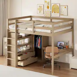 Whisen - Full Size Wood Loft Bed with Built-in Wardrobe, Desk, Storage Shelves and Drawers - Walnut