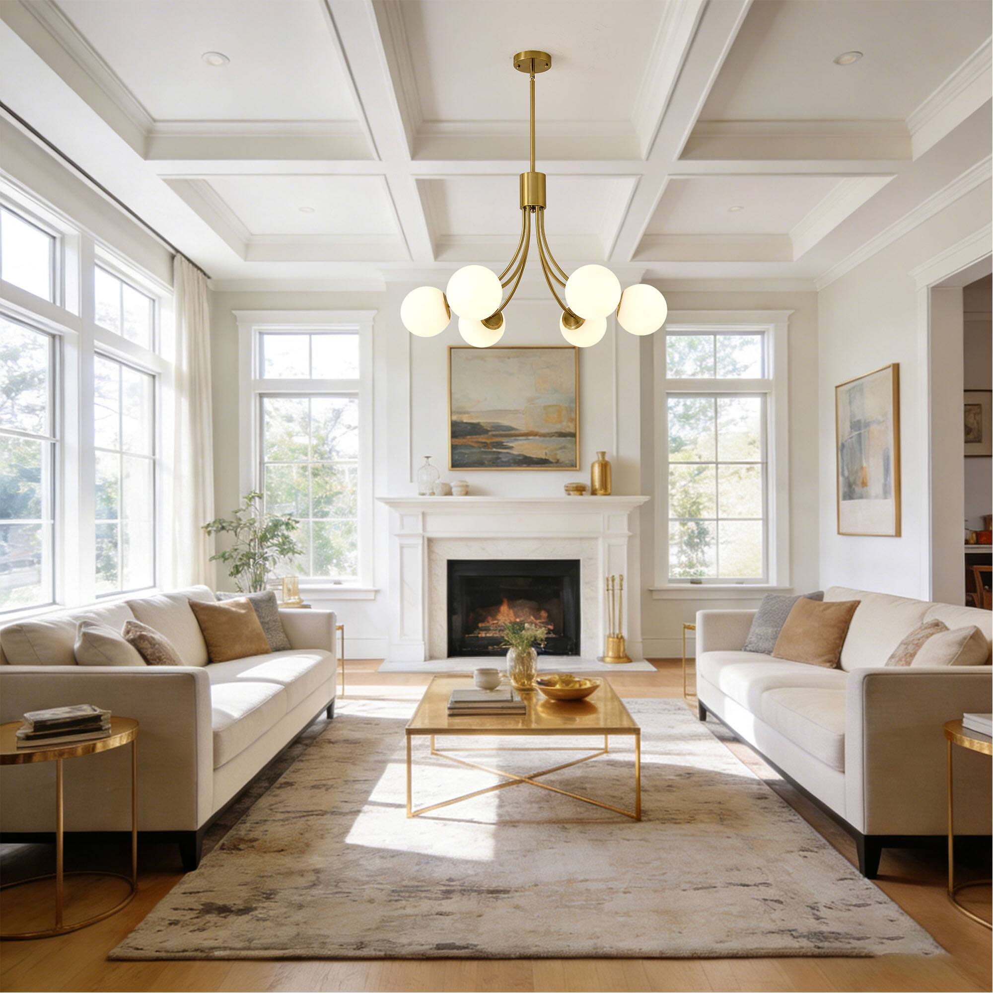 Angle. RYHNUYNE - 6-Light Farmhouse Chandelier,Gold Chandeliers Dining Room Light Fixture,Modern Sputnik Chandelier for Living Room Foyer - Gold.