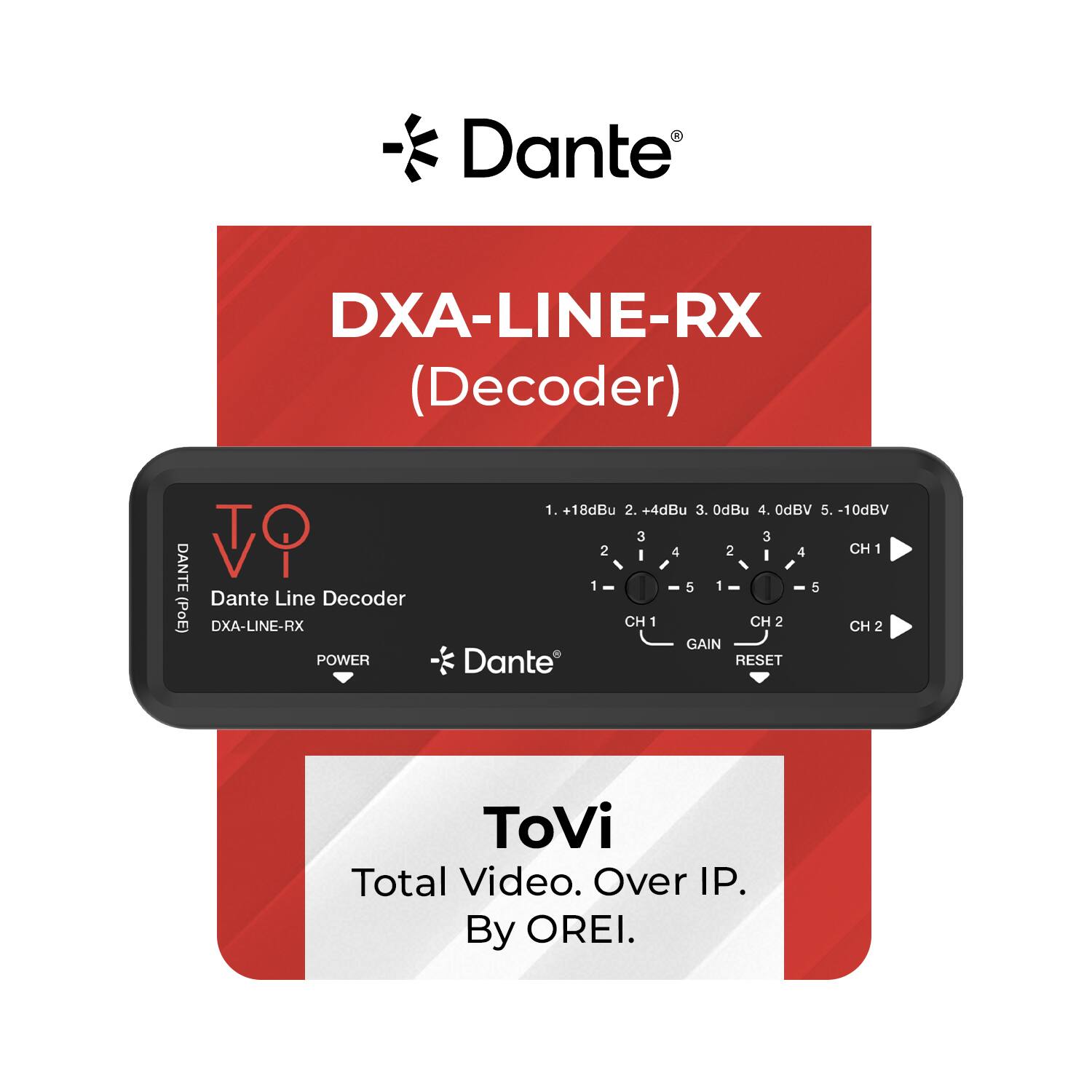 A Dante DXA-LINE-RX (Decoder) DANTE VO Dante Line Decoder (PoE) DXA-LINE-RX POWER 1. +18dBu 2. +4dBu 3. 0dBu 4. OdBV 5. -10dBV 3 3 2 4 2 4 CH 1 I I 1 - - g 1 - 5 CH 1 CH 2 CH 2 GAIN Dante RESET ToVi Total Video. Over IP. By OREI.