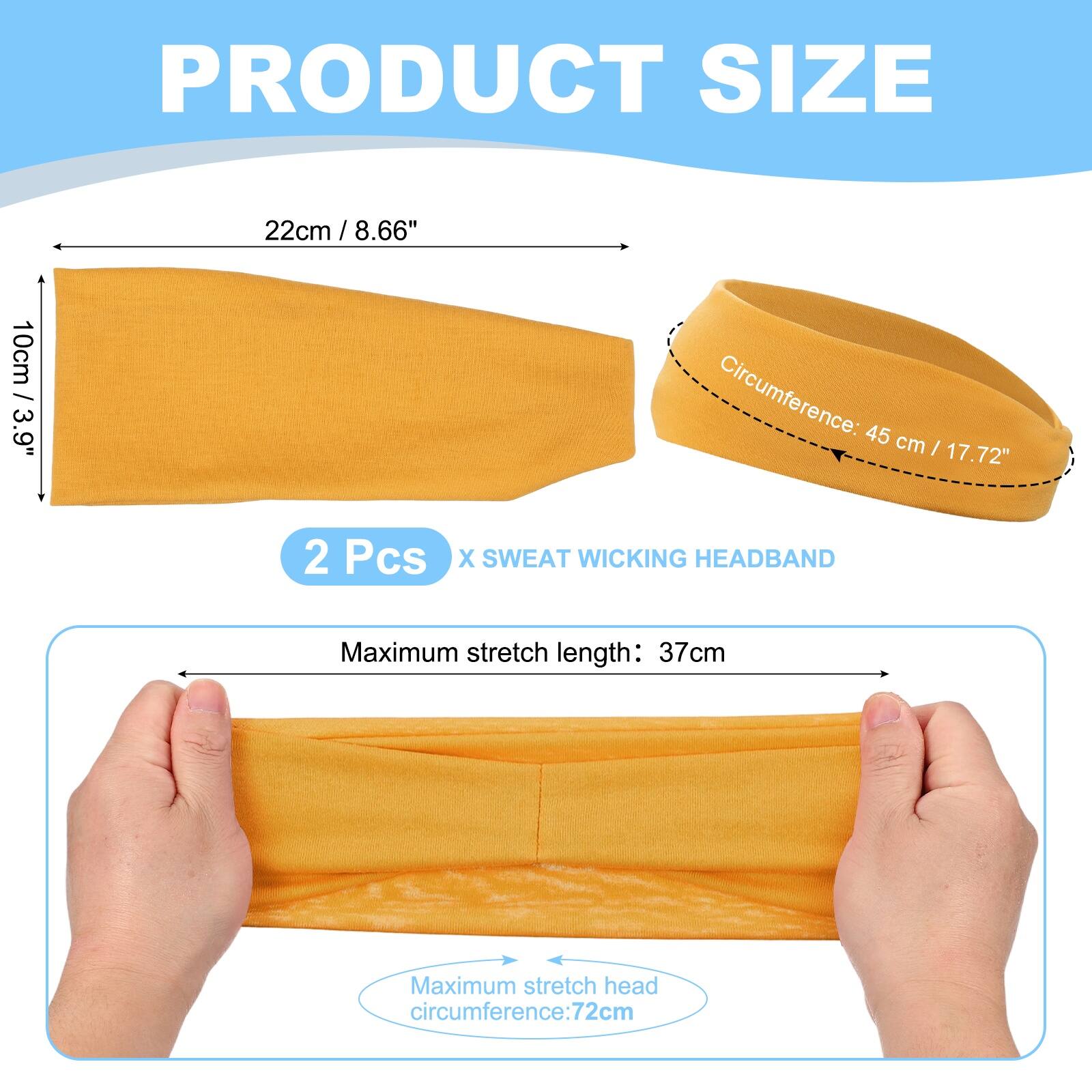 PRODUCT SIZE

22cm / 8.66"  
10cm / 3.9"  
Circumference: 45 cm / 17.72"  

2 Pcs X SWEAT WICKING HEADBAND  

Maximum stretch length: 37cm  
Maximum stretch head circumference: 72cm