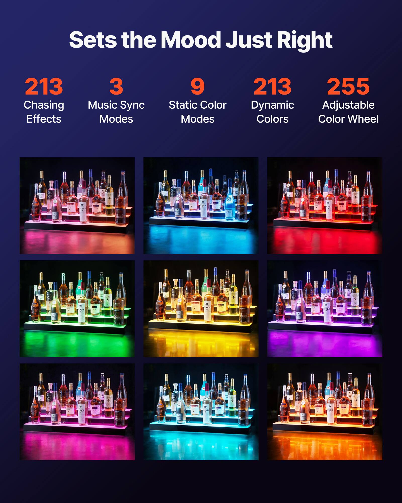 Sets the Mood Just Right

- 213 Chasing Effects
- 3 Music Sync Modes
- 9 Static Color Modes
- 213 Dynamic Colors
- 255 Adjustable Color Wheel