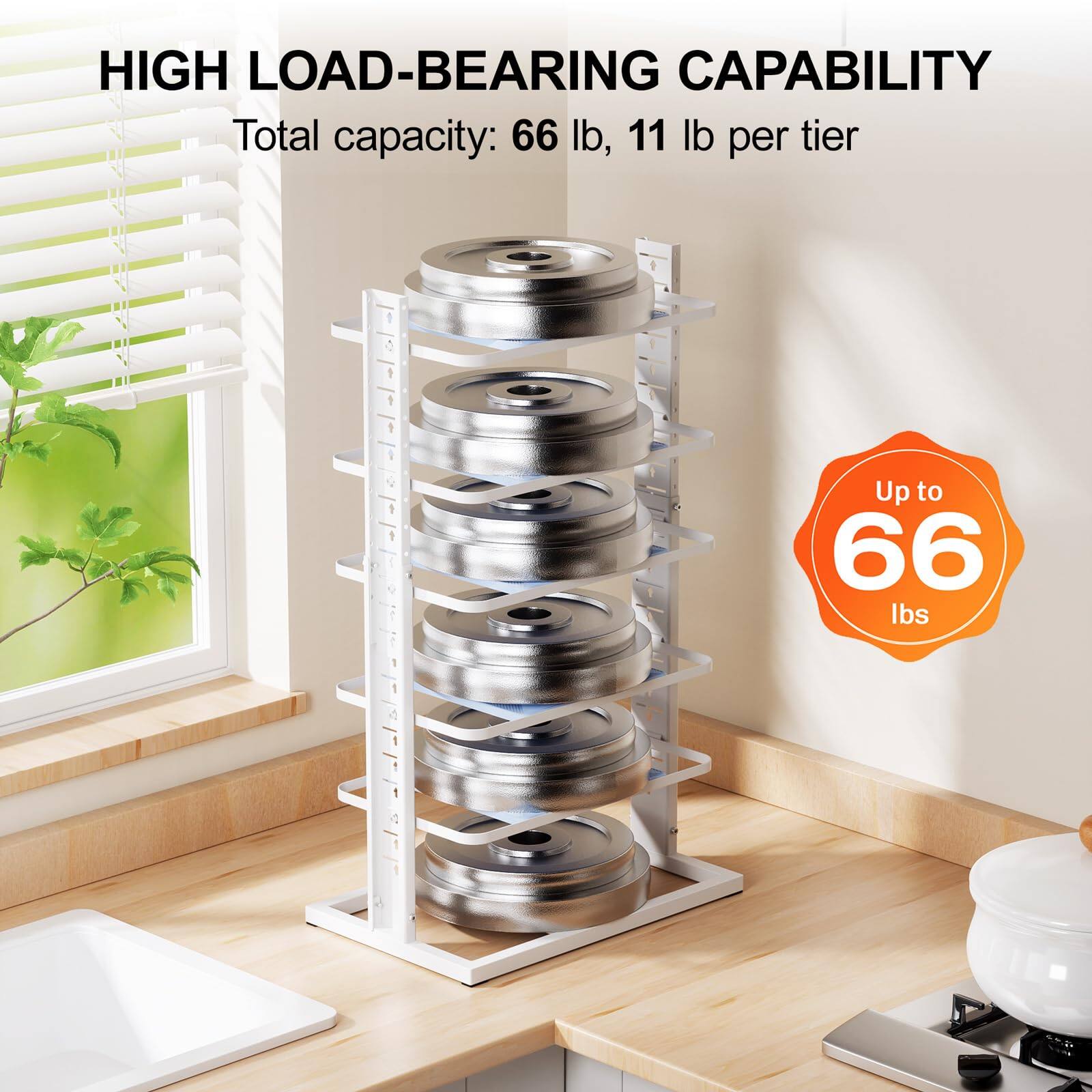 HIGH LOAD-BEARING CAPABILITY  
Total capacity: 66 lb, 11 lb per tier  

Up to 66 lbs