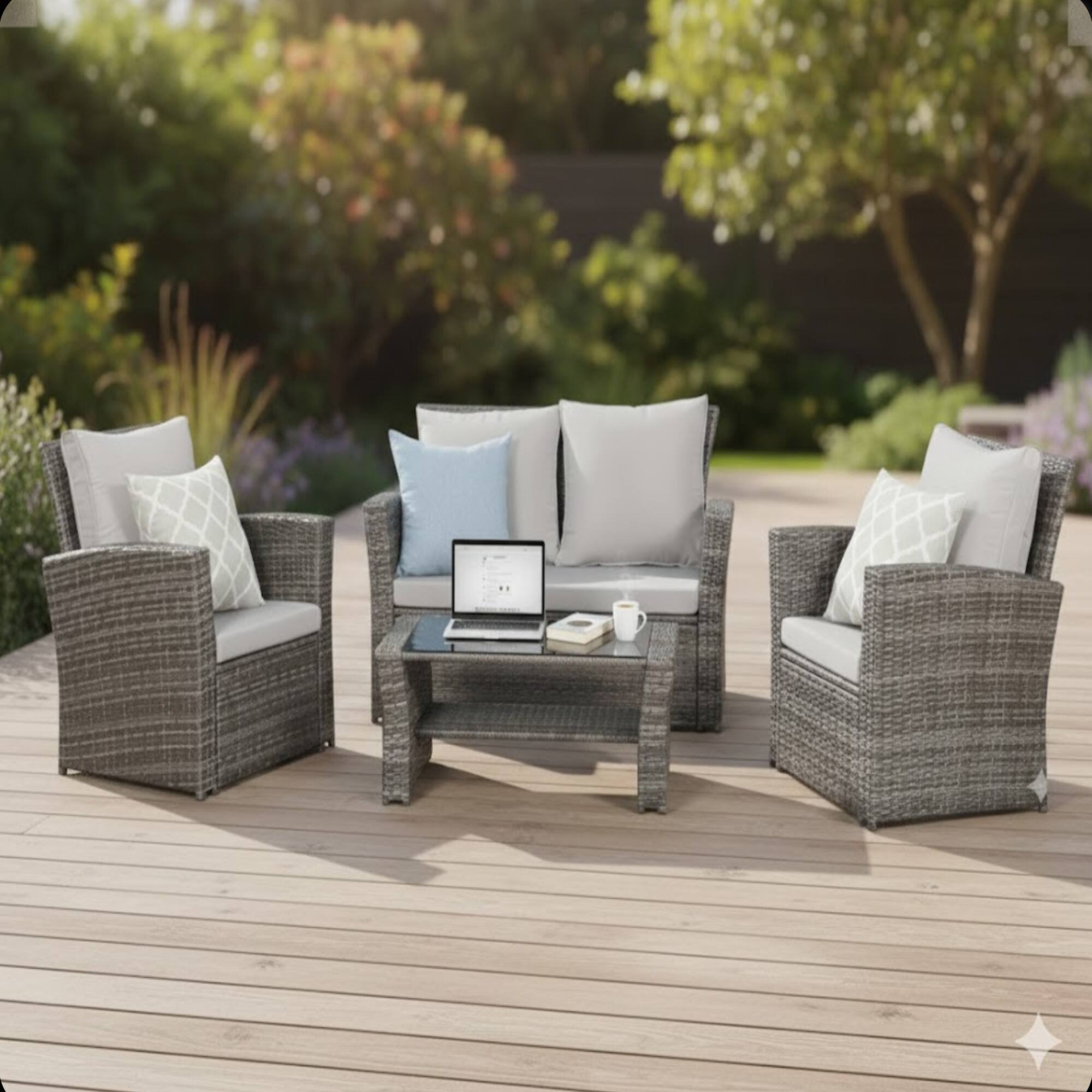 Left. Mondawe - 4-Piece Wicker Patio Conversation Set with Glass Table and Cushions - Grey+Brown.