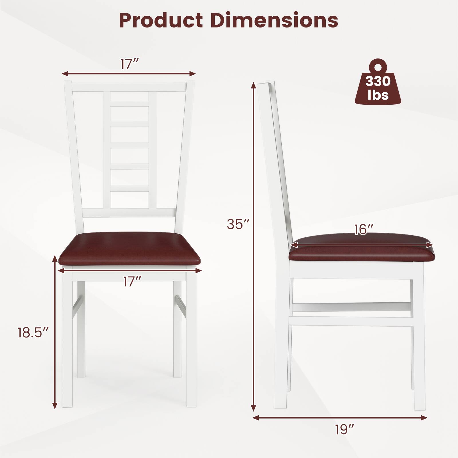 Product Dimensions

- Width: 17"
- Depth: 17"
- Height: 35"
- Seat Height: 18.5"
- Seat Depth: 17"
- Back Height: 35"
- Armrest Height: 16"
- Overall Width: 19"
- Weight Capacity: 330 lbs