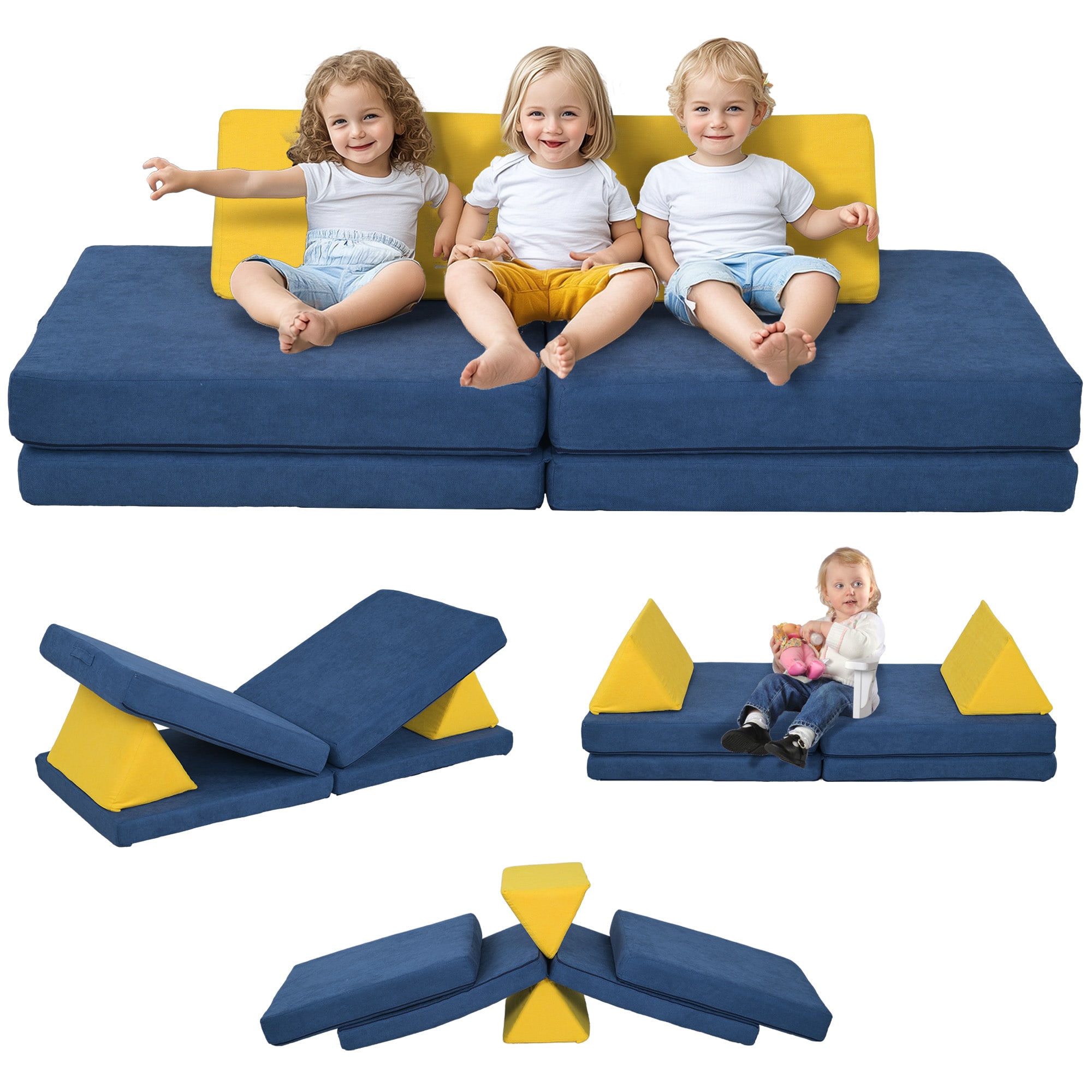 Siljoy - 6-Piece Kids Modular Play Couch, Foam Couch with Washable Cover, Velvet, 132lb Capacity, for Toddlers 18mo+ - Blue