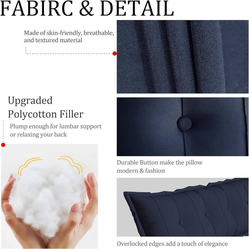 **FABRIC & DETAIL**

Made of skin-friendly, breathable, and textured material.

**Upgraded Polycotton Filler**
Plump enough for lumbar support or relaxing your back.

**Durable Button**
Makes the pillow modern & fashion.

**Overlocked Edges**
Add a touch of elegance.