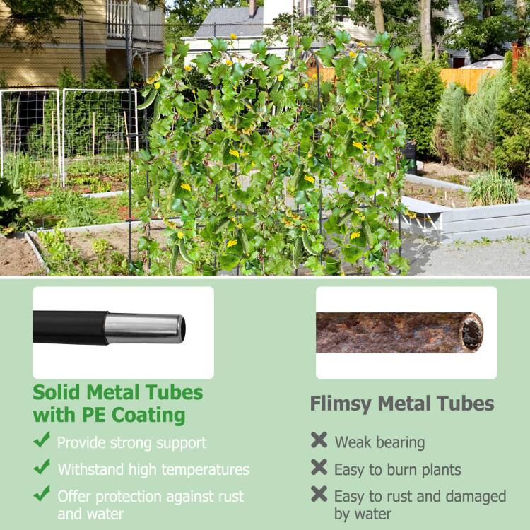 Solid Metal Tubes with PE Coating  
- Provide strong support  
- Withstand high temperatures  
- Offer protection against rust and water  

Flimsy Metal Tubes  
- Weak bearing  
- Easy to burn plants  
- Easy to rust and damaged by water