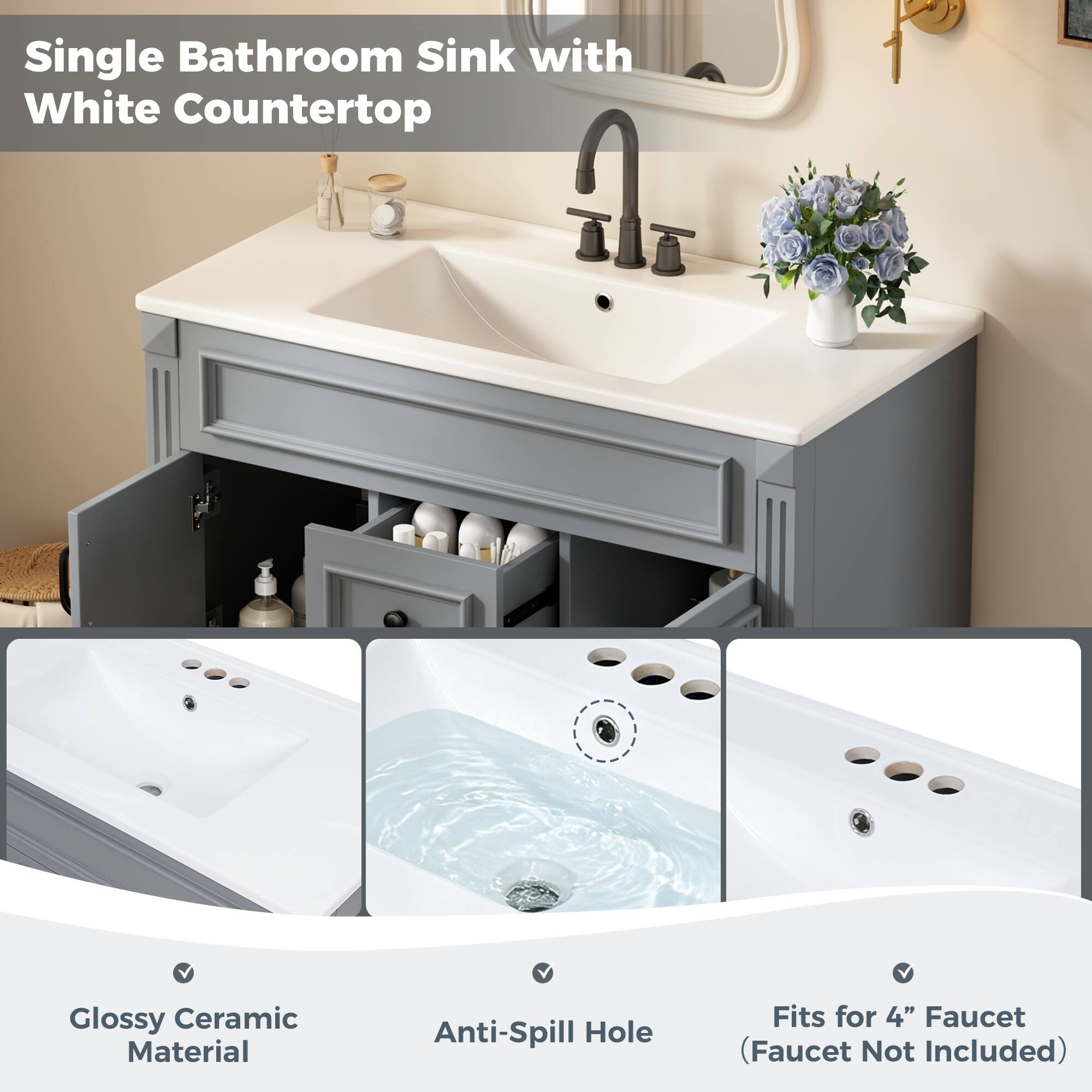 Single Bathroom Sink with White Countertop

- Glossy Ceramic Material
- Anti-Spill Hole
- Fits for 4" Faucet (Faucet Not Included)
